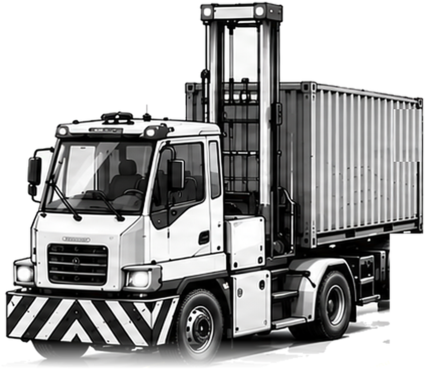 Electric terminal tractor carrying a shipping container